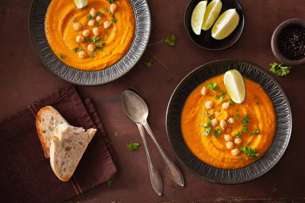 Creamy Carrot Chickpea Soup Dark Rustic Background — Stock Photo, Image