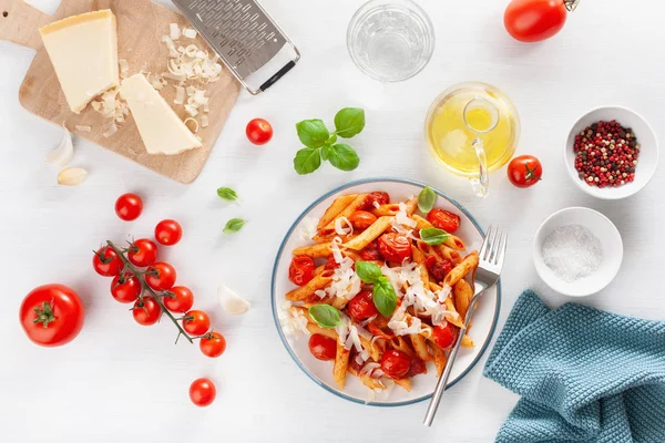 Italian Penne Pasta Tomatoes Parmesan Basil — Stock Photo, Image