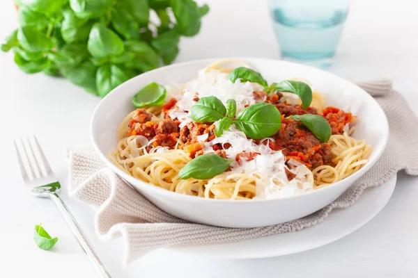 Spaghetti Bolognese Met Basilicum Parmezaanse Kaas Italiaanse Pasta — Stockfoto