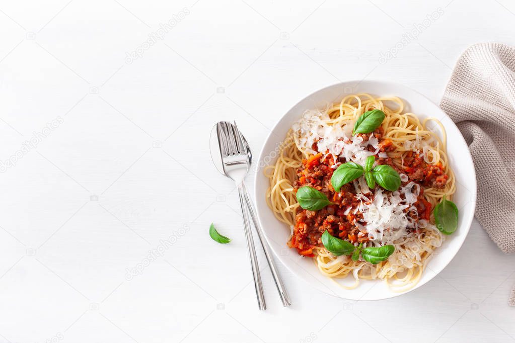 spaghetti bolognese with basil and parmesan, italian pasta