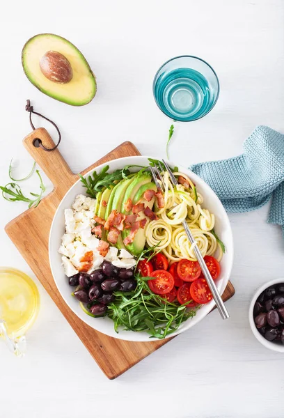 ketogenic lunch bowl: spiralized courgette with avocado, tomato,