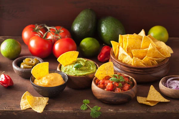 Mexikói nachos, guacamole, salsa és sajt dip — Stock Fotó