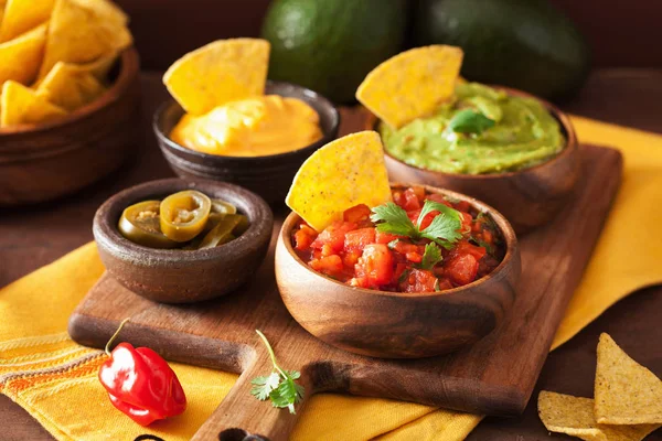 Mexikói nachos, guacamole, salsa és sajt dip — Stock Fotó