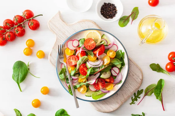 Ensalada de tomate vegano colorido saludable con pepino, rábano, cebolla — Foto de Stock
