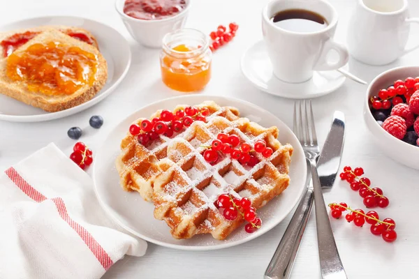Breakfast with waffle, toast, berry, jam, chocolate spread and c — Stock Photo, Image