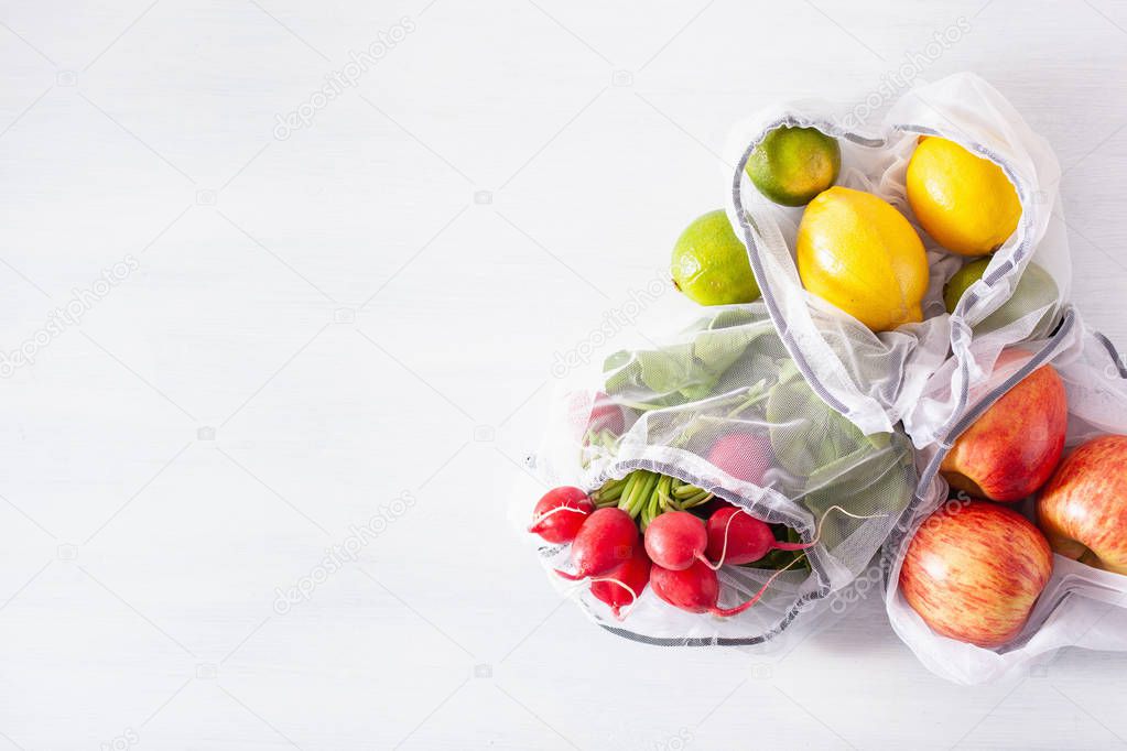 fruits and vegetables in reusable mesh nylon bag, plastic free z
