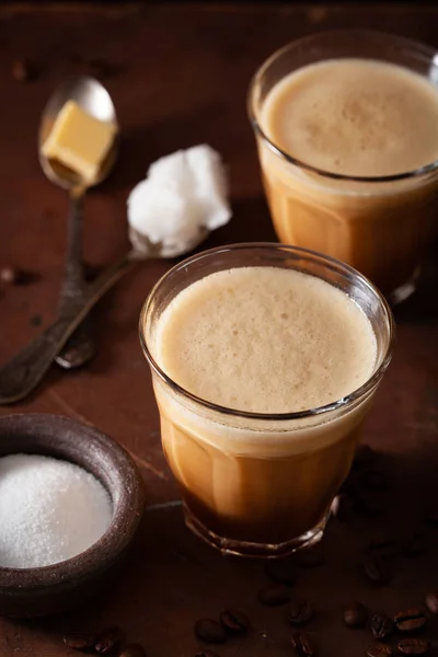 Bulletproof coffee, keto paleo drink blended with butter and coc — Stock Photo, Image