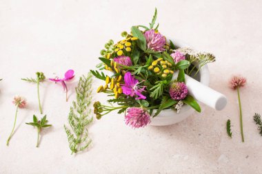 medical flowers herbs in mortar. alternative medicine. clover mi clipart