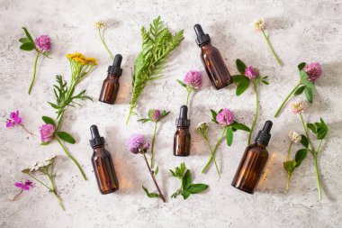 tıbbi çiçekler otlar şişelerde uçucu yağlar. alternatif med