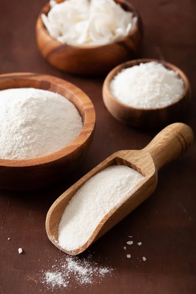 椰子粉和薄片健康配料，用于从酮到醋的饮食 — 图库照片