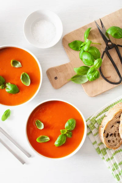 Sopa de tomate plana colocar no backgorund branco — Fotografia de Stock