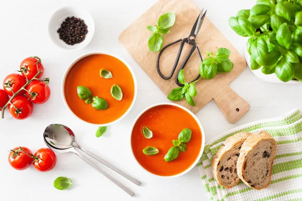 Sopa de tomate plana colocar no backgorund branco — Fotografia de Stock