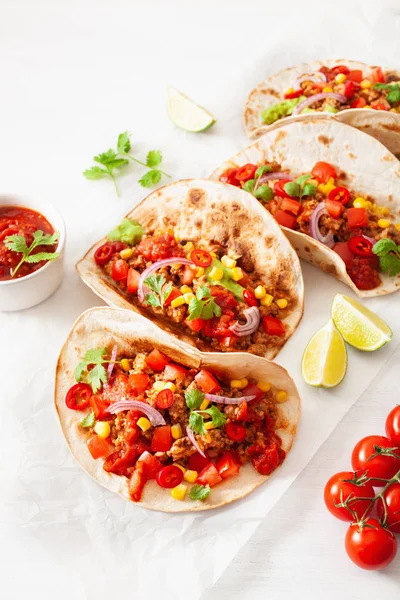 Mexikanska nötkött och fläsk tacos med salsa, guacamole och grönsaker — Stockfoto