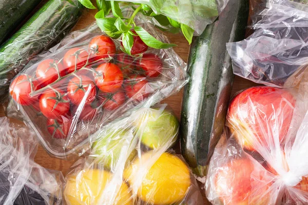 Thema Einweg Plastikmüll Obst Und Gemüse Plastiktüten — Stockfoto