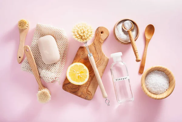 Zero Waste Eco Friendly Cleaning Concept Wooden Brushes Lemon Baking — Stock Photo, Image