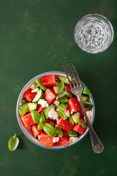 Wassermelonensalat Mit Feta Käse Gurken Und Basilikum Gesundes Sommerdessert — Stockfoto