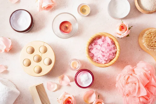 Productos Para Cuidado Piel Flores Rosas Cosméticos Naturales Para Tratamiento — Foto de Stock