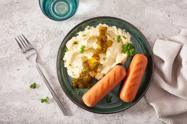 Gepureerde Bloemkool Gegrilde Worsten Ketogeen Paleo Dieet Lunch — Stockfoto