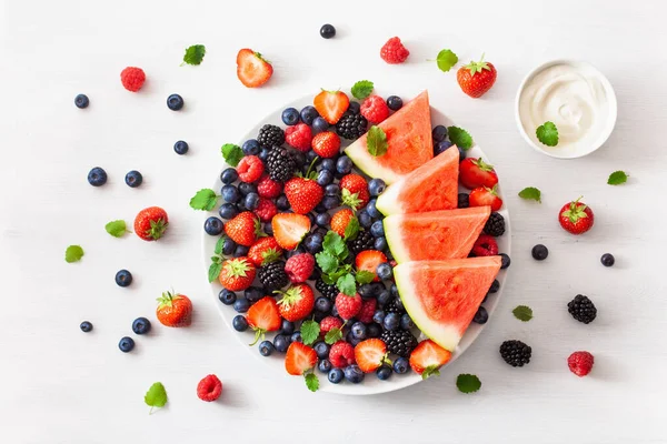 Fruit Berry Platter White Blueberry Strawberry Raspberry Blackberry Watermelon — Stock Photo, Image