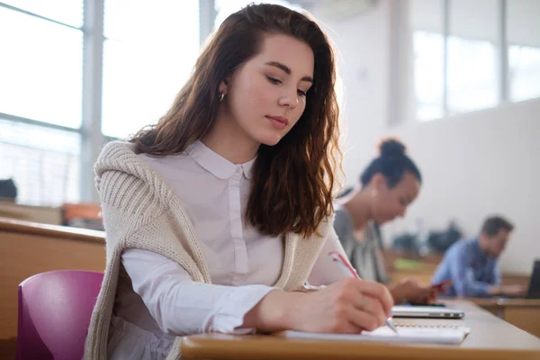 Menina bonita tomando notas em grupo multinacional de estudantes em um auditório — Fotografia de Stock