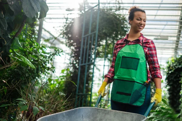 Zwarte vrouw met kruiwagen in een botanische tuin — Stockfoto