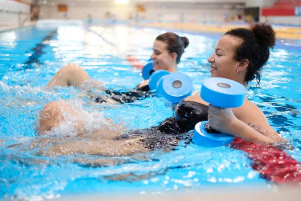 Çok ırklı çift su aerobiği sınıfı bir yüzme havuzunda katılıyor — Stok fotoğraf