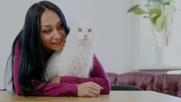 Woman playing with her white cat — Stok video