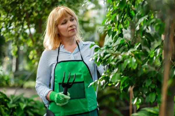 Rijpe vrouw die werkt in een botanische tuin — Stockfoto