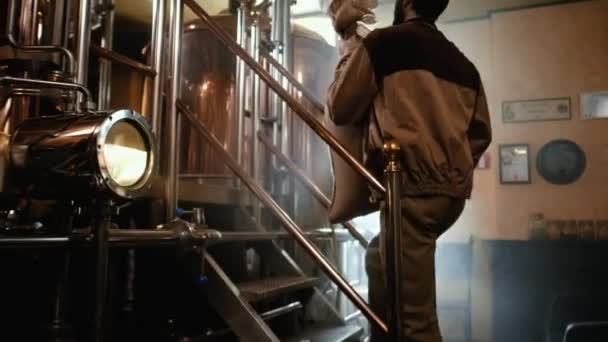 Человек, работающий на пивоварне — стоковое видео