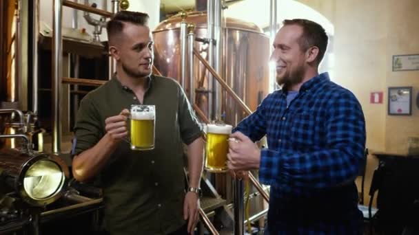 Zwei Männer probieren frisches Bier in einer Brauerei — Stockvideo