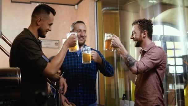 Dos hombres degustando cerveza fresca en una cervecería — Vídeo de stock