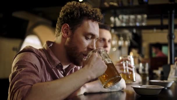 Amigos alegres bebendo cerveja rascunho em um bar — Vídeo de Stock