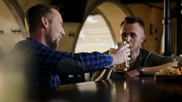 Vrolijke vrienden die bier van de tap drinken in een pub — Stockvideo