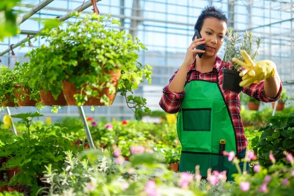 Zwarte vrouw die werkt in een botanische tuin — Stockfoto