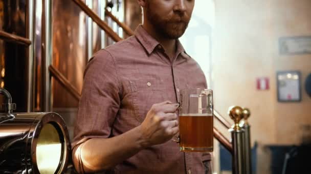 Man smakar färskt öl i ett bryggeri — Stockvideo