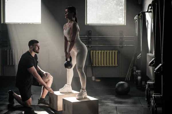 Woman Do Exercises Under Supervision of Coach . — Stock Photo, Image