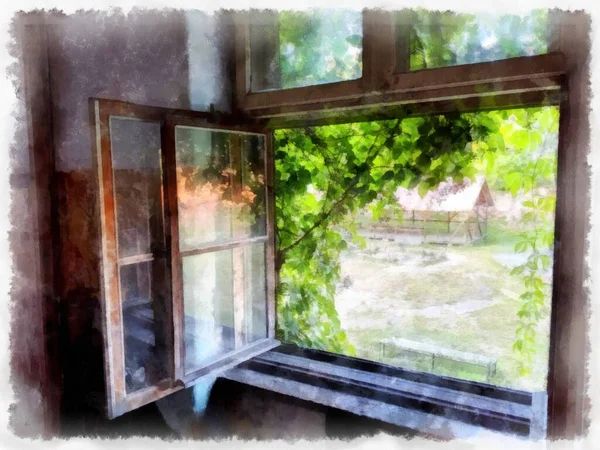 Blick Aus Dem Fenster Des Hauses Auf Den Hof Aquarellzeichnung — Stockfoto