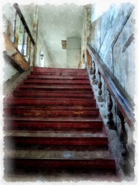 Деревянная Лестница Старом Доме Акварельный Рисунок Бумаге — стоковое фото
