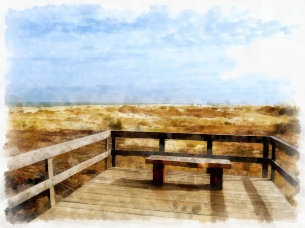 Banc Sur Fond Champ Dessin Aquarelle Sur Papier — Photo