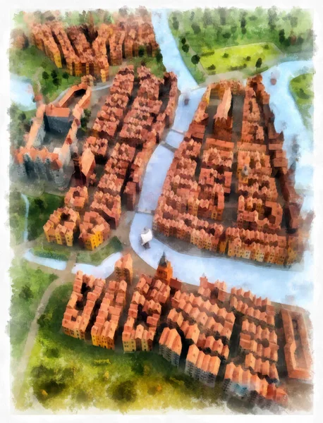 Eine Märchenstadt Mit Schlössern Und Einem Fluss Aquarellzeichnung Auf Papier — Stockfoto