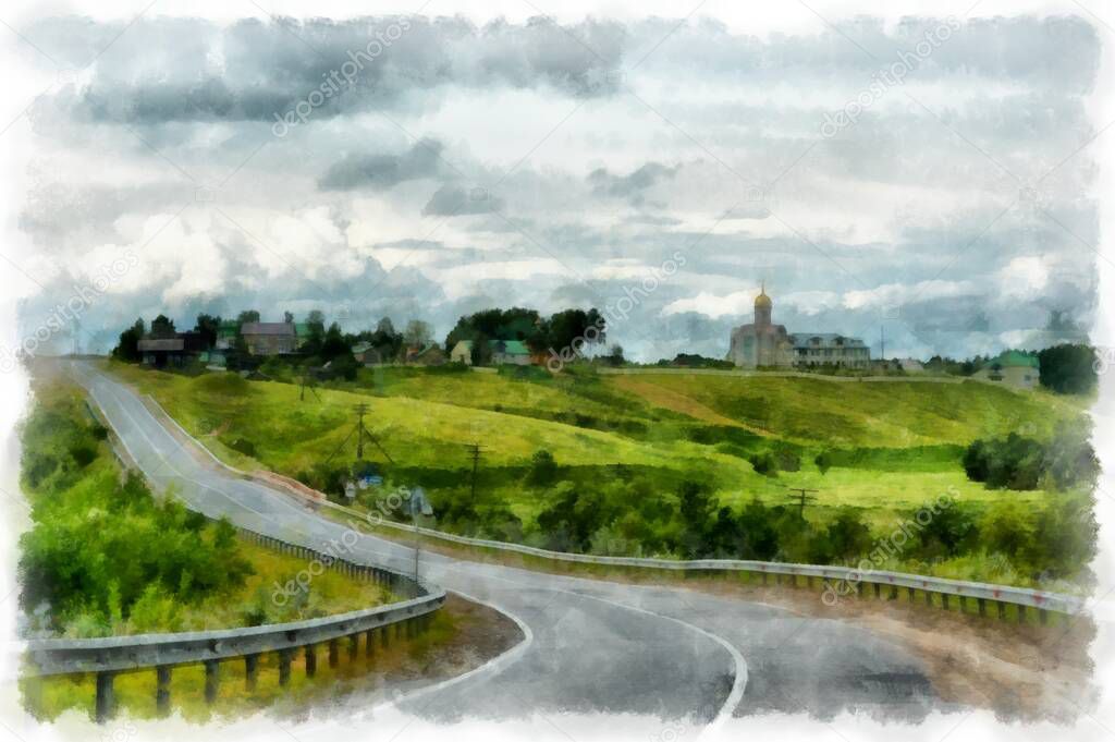 rural landscape with the road receding into the distance, watercolor on paper