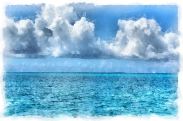 Belo Oceano Com Linha Horizonte Céu Nublado Aquarela Desenho Papel — Fotografia de Stock