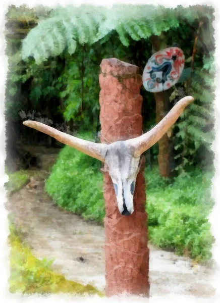 기둥에 물소의 두개골 수채화 — 스톡 사진