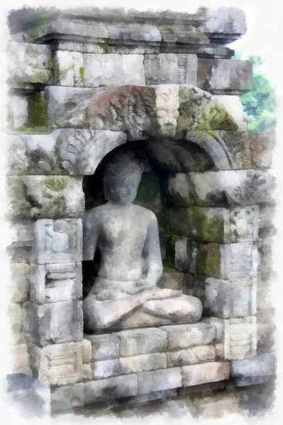 Estatua Buda Pared Del Templo Dibujo Acuarela — Foto de Stock