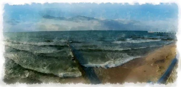 Vista Panorámica Playa Por Mañana Temprano Acuarela Dibujo Sobre Papel —  Fotos de Stock