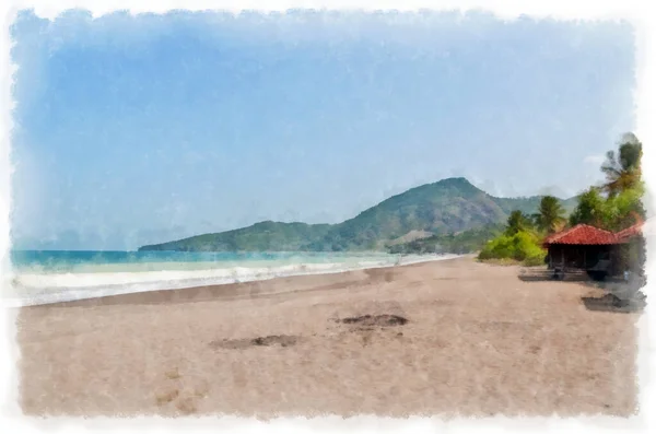 海滩背景上的海洋别墅 水彩画 — 图库照片#