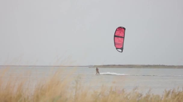 Denizde Kiting Köle Uçurtma Sörfçü Dalgaları Sisli Bulutlar Bir Genç — Stok video