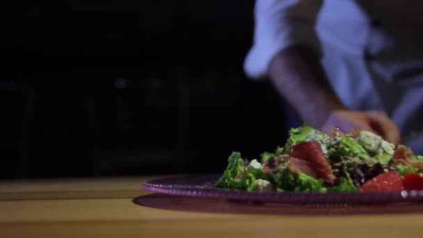 Chef Straightens Decorates Dish Serving Customers — Stock Video