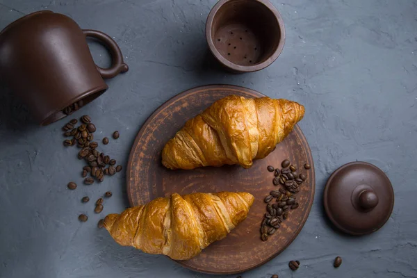 Classic French Croissants Baked Goods Gray Background Lies Crafting Dish — Stock Photo, Image