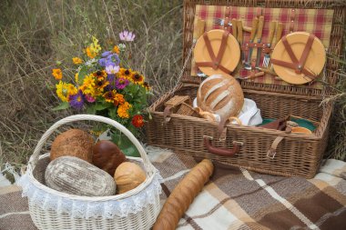 Bir buket yabani çiçek baget taze ekmek piknik seti çayırdaki bir paspasın üzerine serilmiş fincanlar